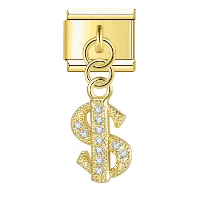 Diamond Adorned Gold Dollar Sign Charm