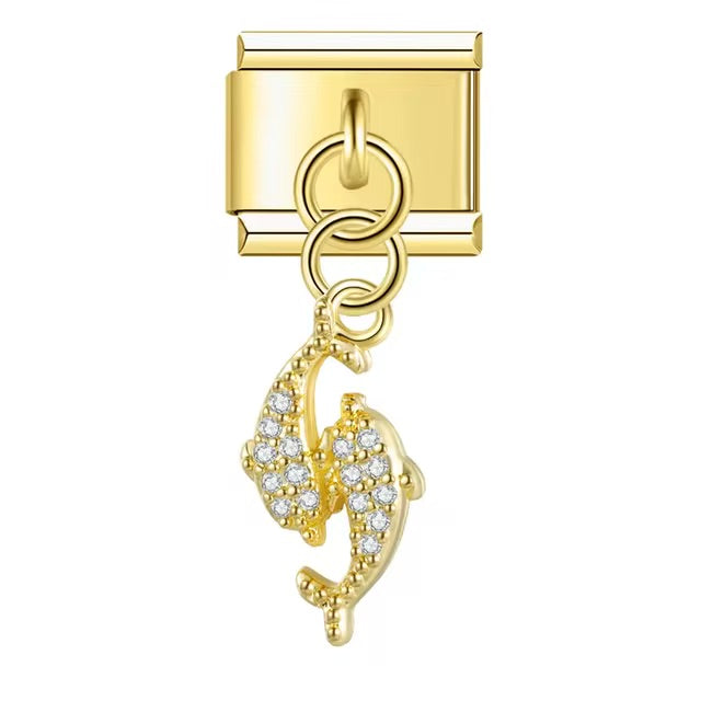 Diamond Adorned Golden Swimming Dolphins Charm